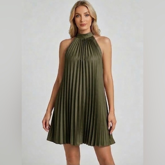 By Design Dresses & Skirts - Tie Back Pleated Halter Dress Army Green